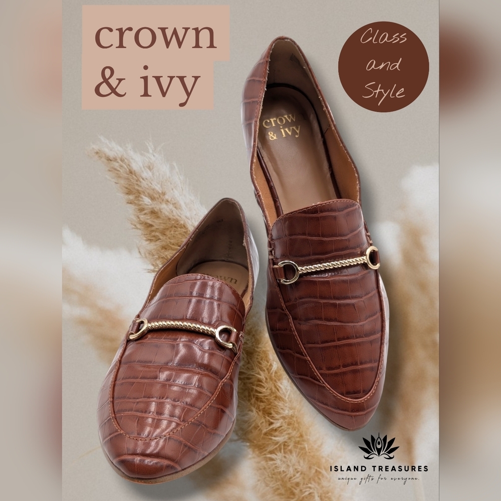 Crown & Ivy Sienna Women's Size 8M Croc-Embossed Brown Classic Loafers
